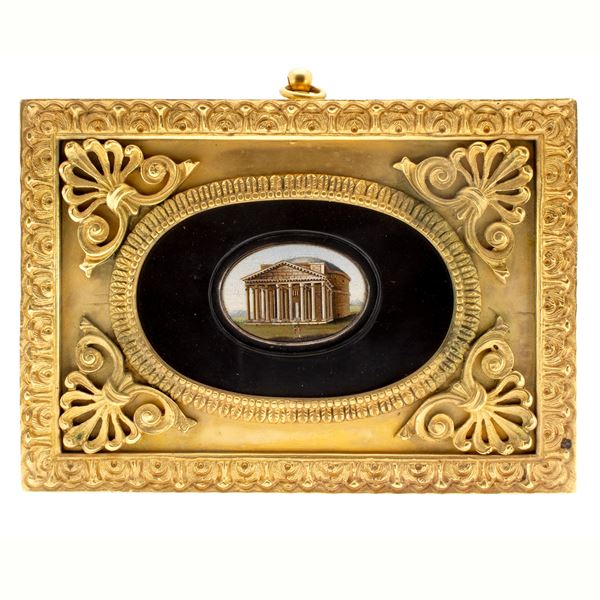 Oval micromosaic plaque on black Belgian  (Rome, 19th century)  - Auction Furniture, Sculptures, Old Master and 19th Century Paintings - I - Colasanti Casa d'Aste