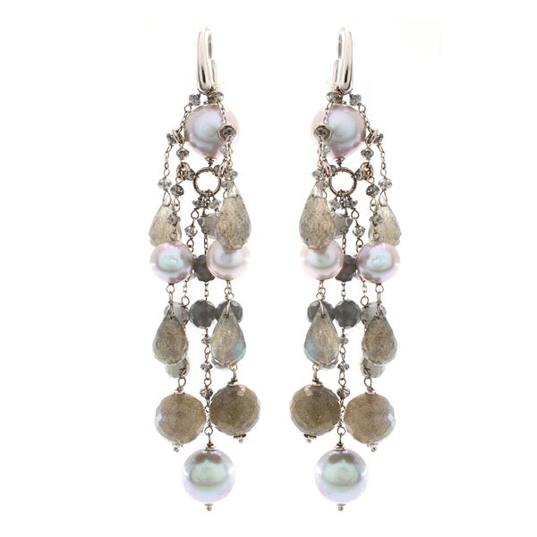 18kt white gold, gray pearls and faceted labradorite pendant earrings