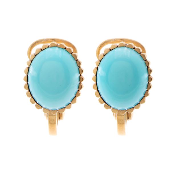 18kt yellow gold and cabochon cut turquoises lobe earrings  - Auction Jewels Watches Fashion Vintage - Web Only - Colasanti Casa d'Aste