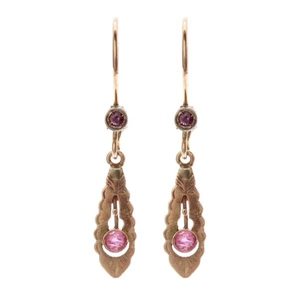 Antique gold and silver pendant earrings with rubies