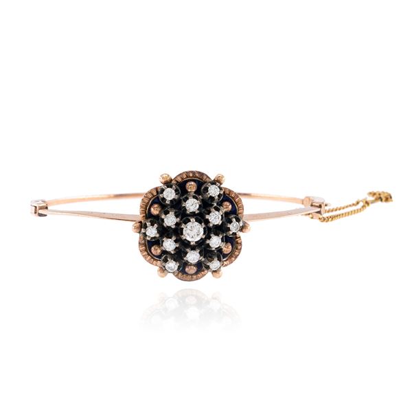 Antico bracciale a manetta in oro rosa 9kt e argento con diamanti