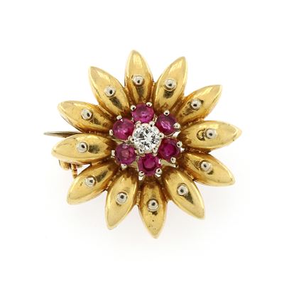 Spilla Fiore in Oro Giallo 18kt, Diamante Taglio Brillante e Rubini