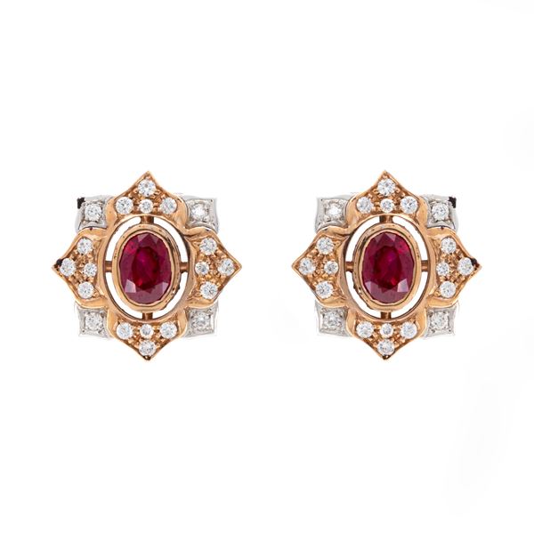 18kt two-color gold lobe earrings with natural Burmese rubies
