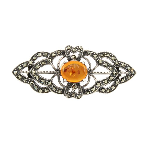 Spilla vintage in argento 925, ambra e strass