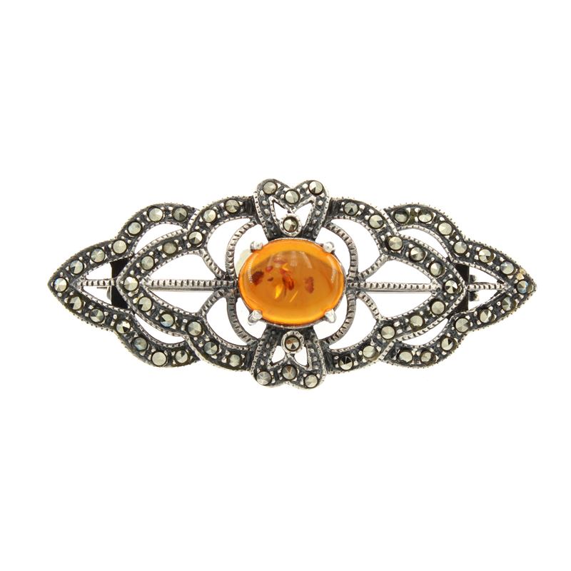 Spilla Vintage in Argento 925, Ambra e Strass
