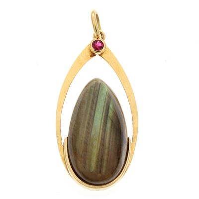 Pendente in Oro Giallo 18kt, Ossidiana e Rubino
