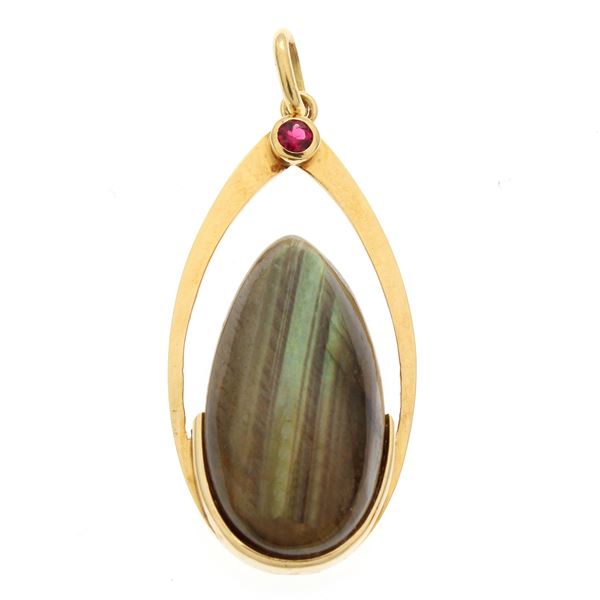Pendente in oro giallo 18kt, ossidiana e rubino