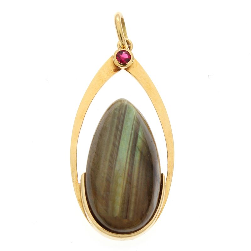 Pendente in Oro Giallo 18kt, Ossidiana e Rubino