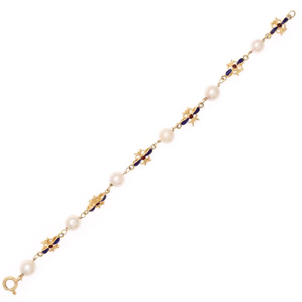 Bracciale in oro giallo 18kt, smalto e perle