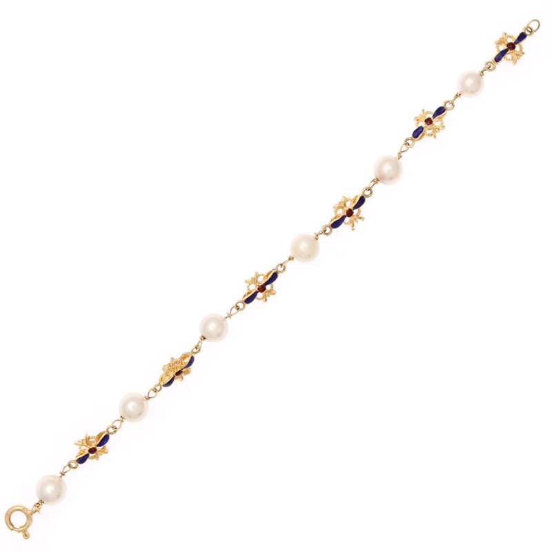 Bracciale in Oro Giallo 18kt, Smalto e Perle