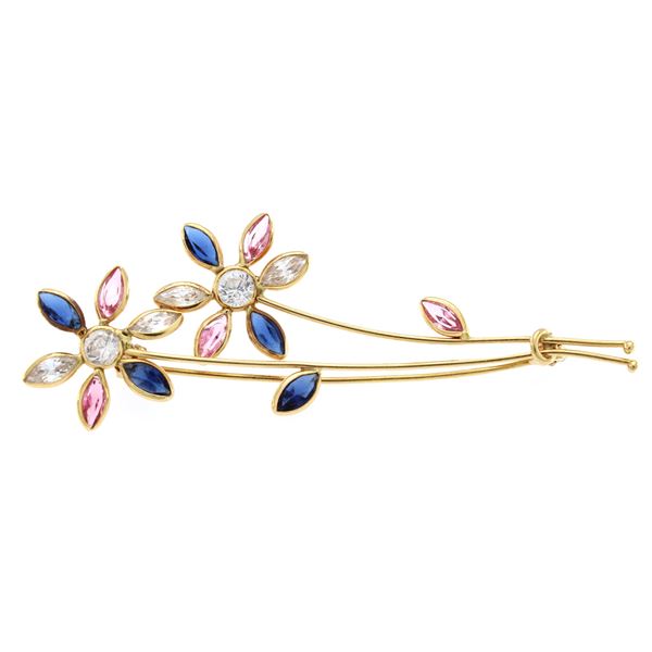 Spilla fiori in oro giallo 18kt e zirconi colorati