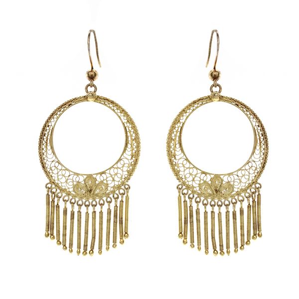 Handmade golden silver filigree dangle earrings