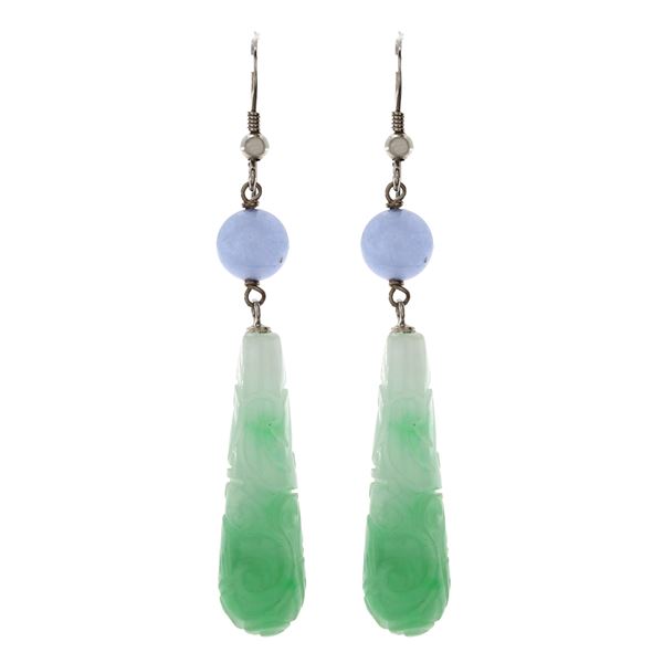 Silver, chalcedony  and engraved jade pendant earrings