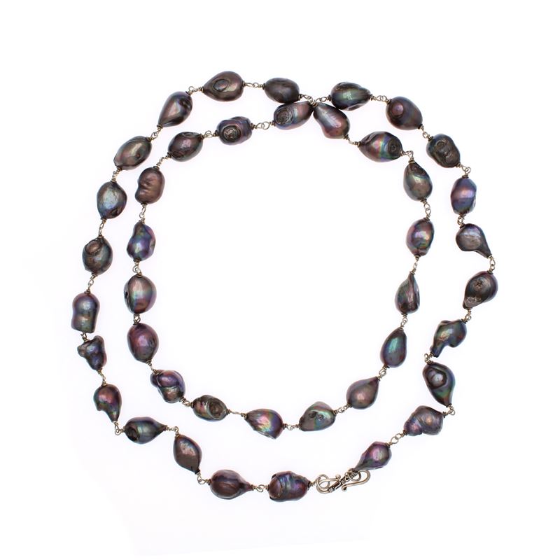 Collana in Argento Ad un Filo di Perle Barocche Grigie