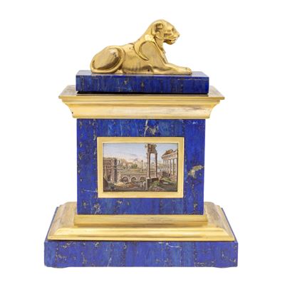 Scatola Calamaio in Bronzo Dorato, Lapislazzulo e Micromosaico