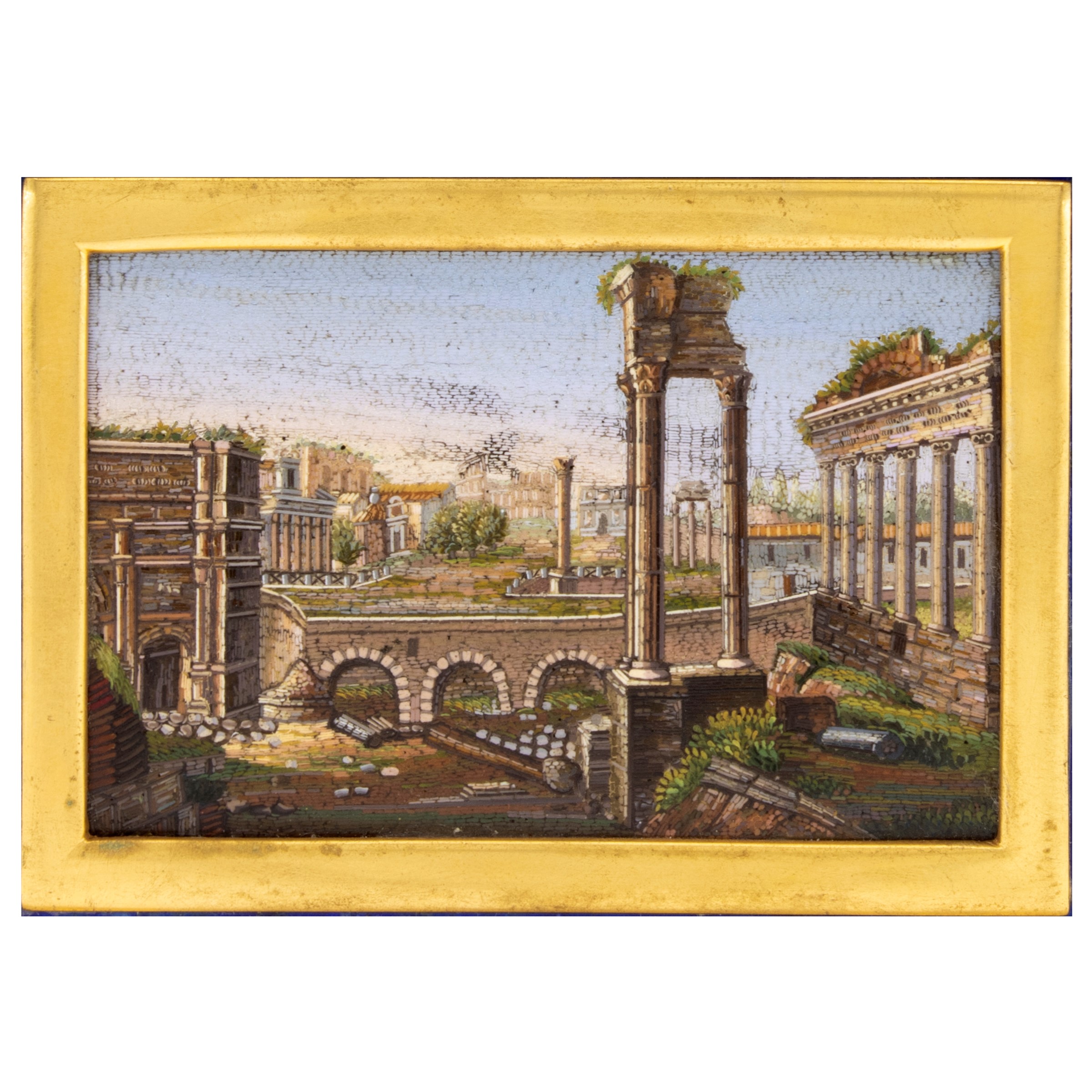 Scatola Calamaio in Bronzo Dorato, Lapislazzulo e Micromosaico