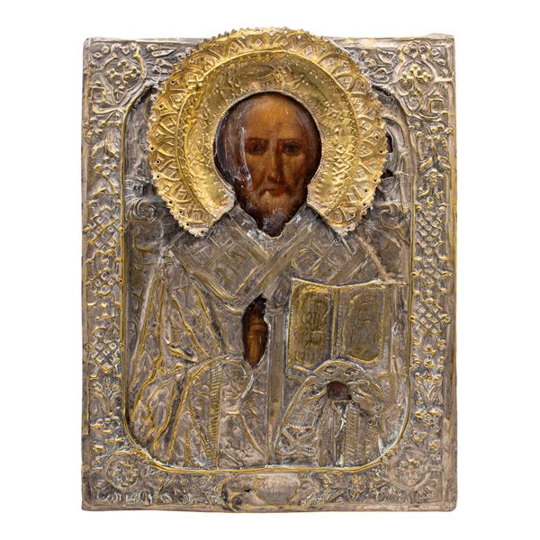 Icona raffigurante San Nicola  (Russia, XIX Sec.)  - Asta Arredi, Sculture, Dipinti Antichi e del XIX Secolo - I - Colasanti Casa d'Aste