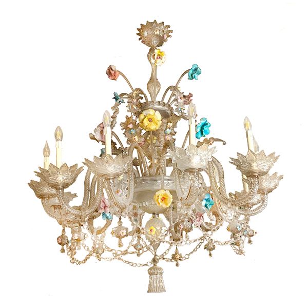 12-light chandelier in transparent glass and polychrome glass