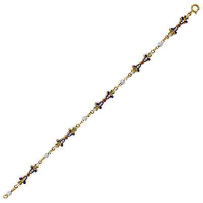 Bracciale a Motivo Floreale in Oro Giallo 18kt, Smalti Policromi e Perle