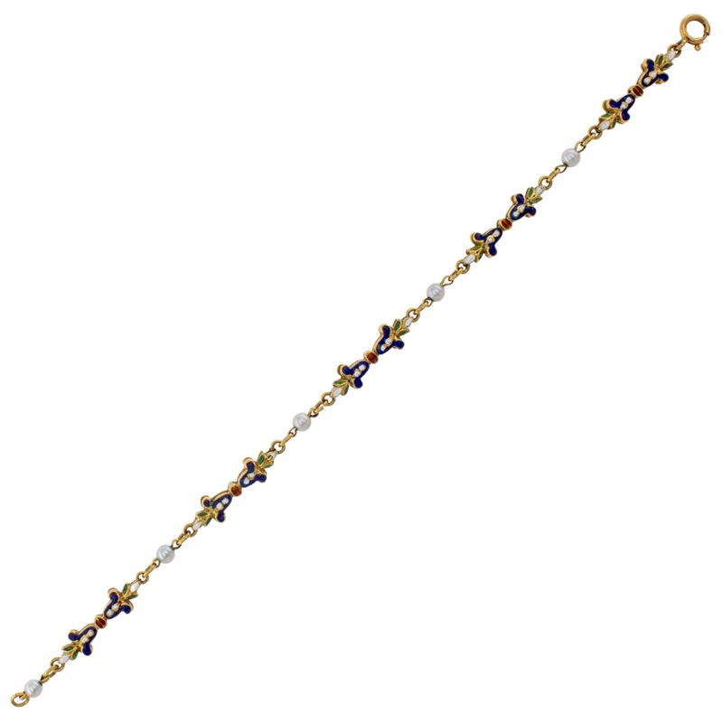 Bracciale a Motivo Floreale in Oro Giallo 18kt, Smalti Policromi e Perle