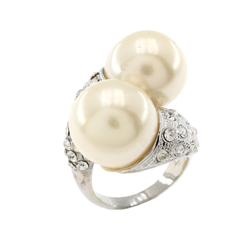 Anello Bijou in Metallo Argentato Perle e Strass