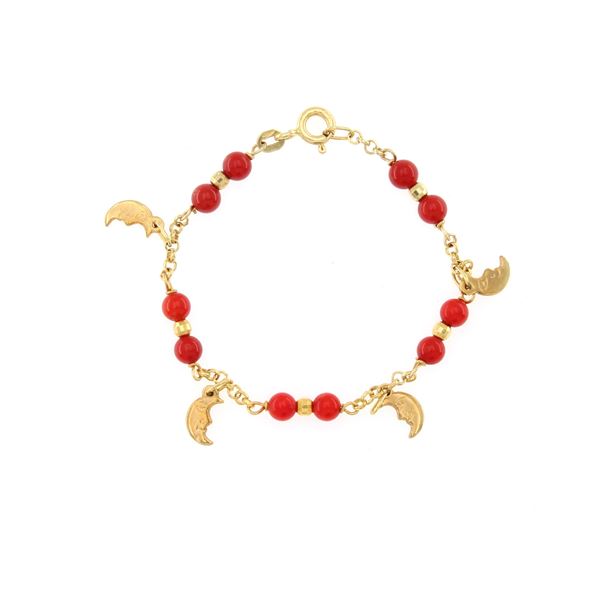 Bracciale neonato in oro giallo 18kt e corallo