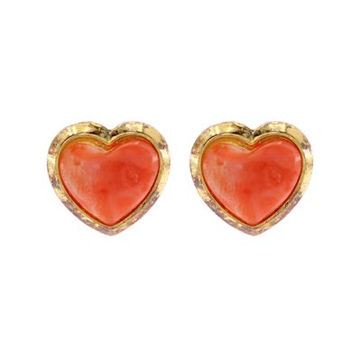Orecchini Cuori in Oro Giallo 18kt e Corallo