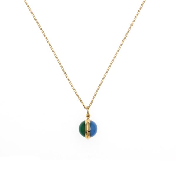 18kt yellow gold necklace with green and blue chalcedony sphere