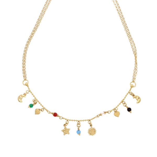 18kt yellow gold necklace with gold and stone pendant charms