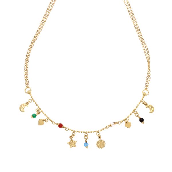 Collana in oro giallo 18kt con charms pendenti in oro e pietre