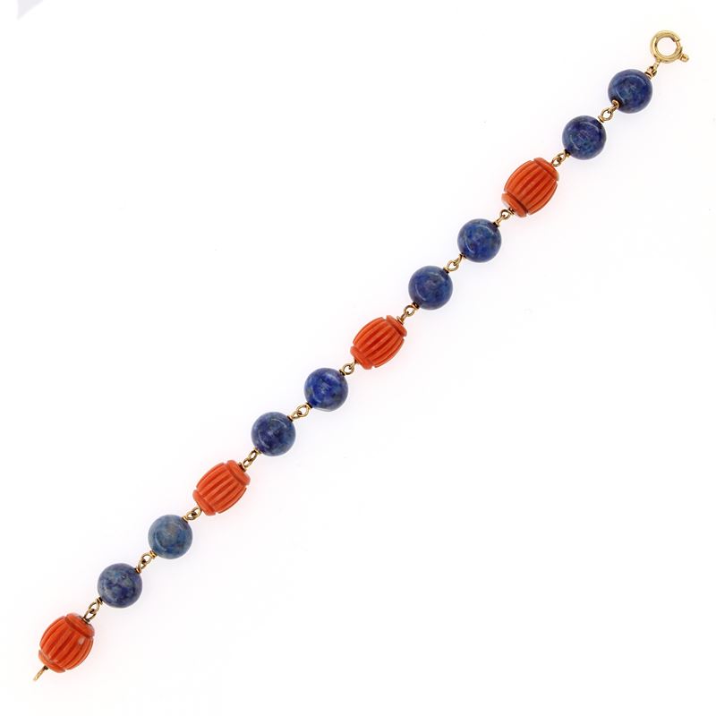 Bracciale in Oro Giallo 18kt e Corallo Alternato da Lapislazzulo