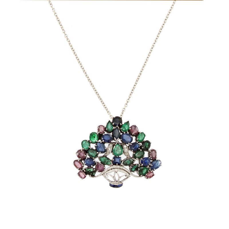 Collana in Oro Bianco 18kt con Pendente a Motivo Floreale