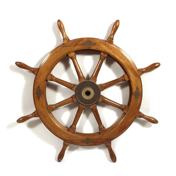 Ruota timone vintage in legno di mogano ed ottone