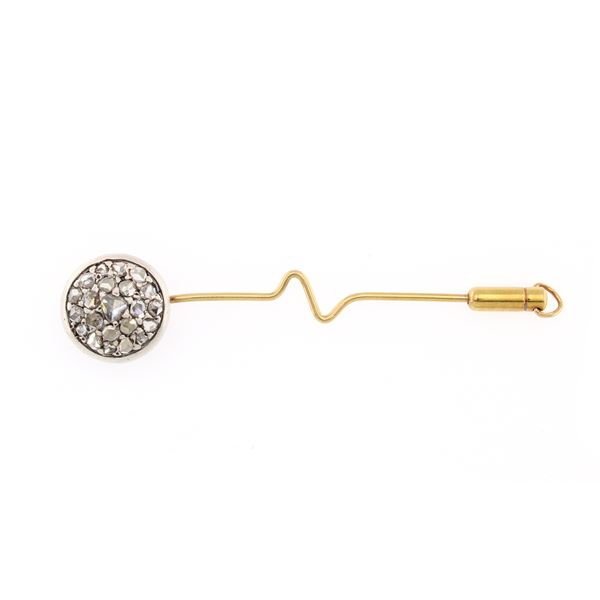 Antico spillone in oro giallo 18kt e argento con rose di diamante