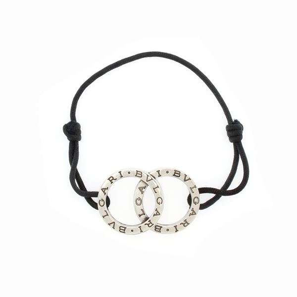 Bulgari bracciale in tessuto con iconico doppio logo in argento