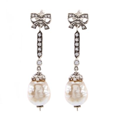 Orecchini Bijou Pendenti in Argento Perle di Vetro e Strass
