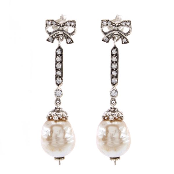 Silver, glass pearls and rhinestones bijou pendant earrings