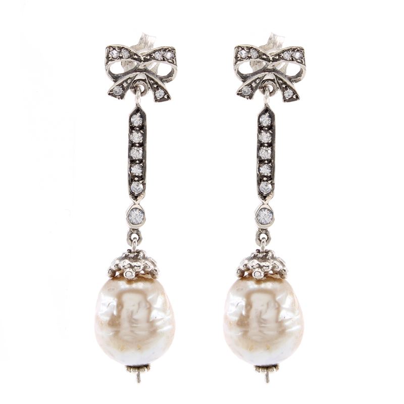 Orecchini Bijou Pendenti in Argento Perle di Vetro e Strass