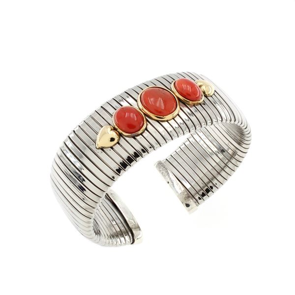 Bracciale tubogas in argento 925, oro giallo e corallo