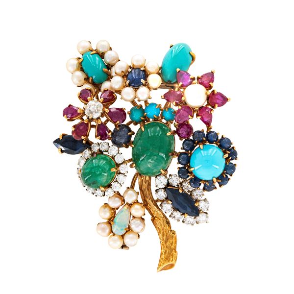 18kt yellow gold floral motif brooch