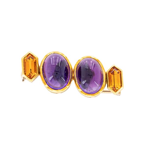 18kt yellow gold brooch with amethysts and yellow topaz