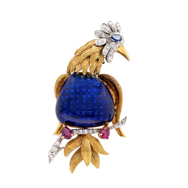 Spilla gallo in oro giallo 18kt smalto blu e diamanti