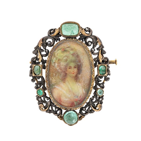 Antique yellow gold, silver and emeralds brooch