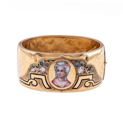 Antico Bracciale a Manetta in Oro Giallo 18kt e Miniatura in Smalto Policromo