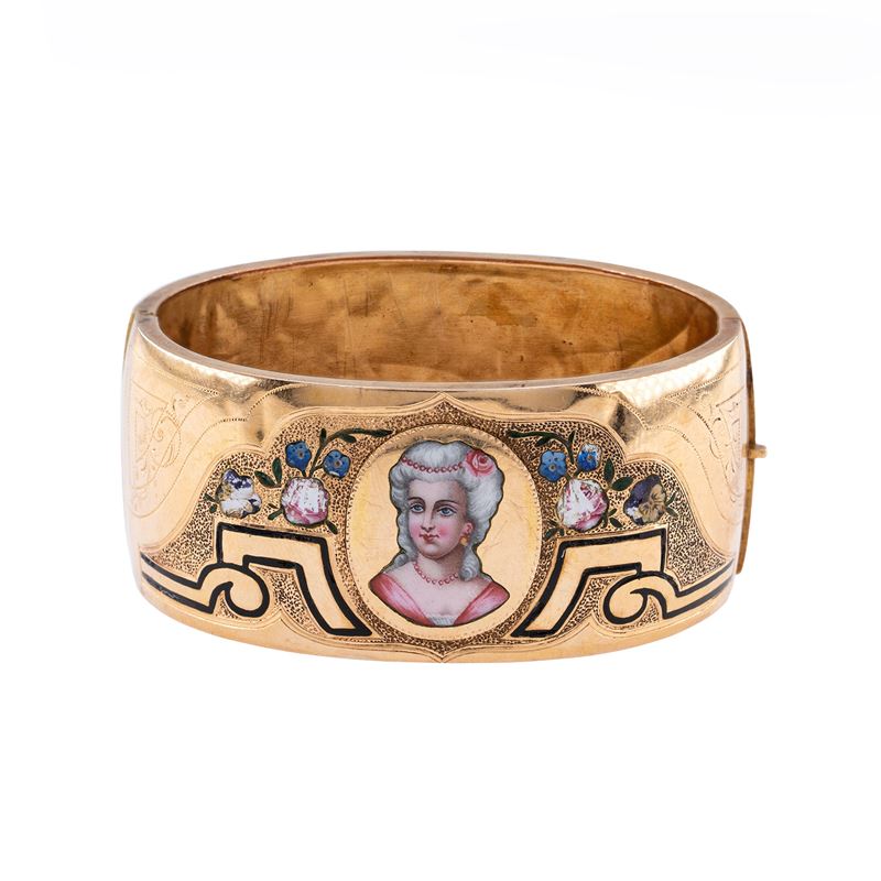 Antico Bracciale a Manetta in Oro Giallo 18kt e Miniatura in Smalto Policromo