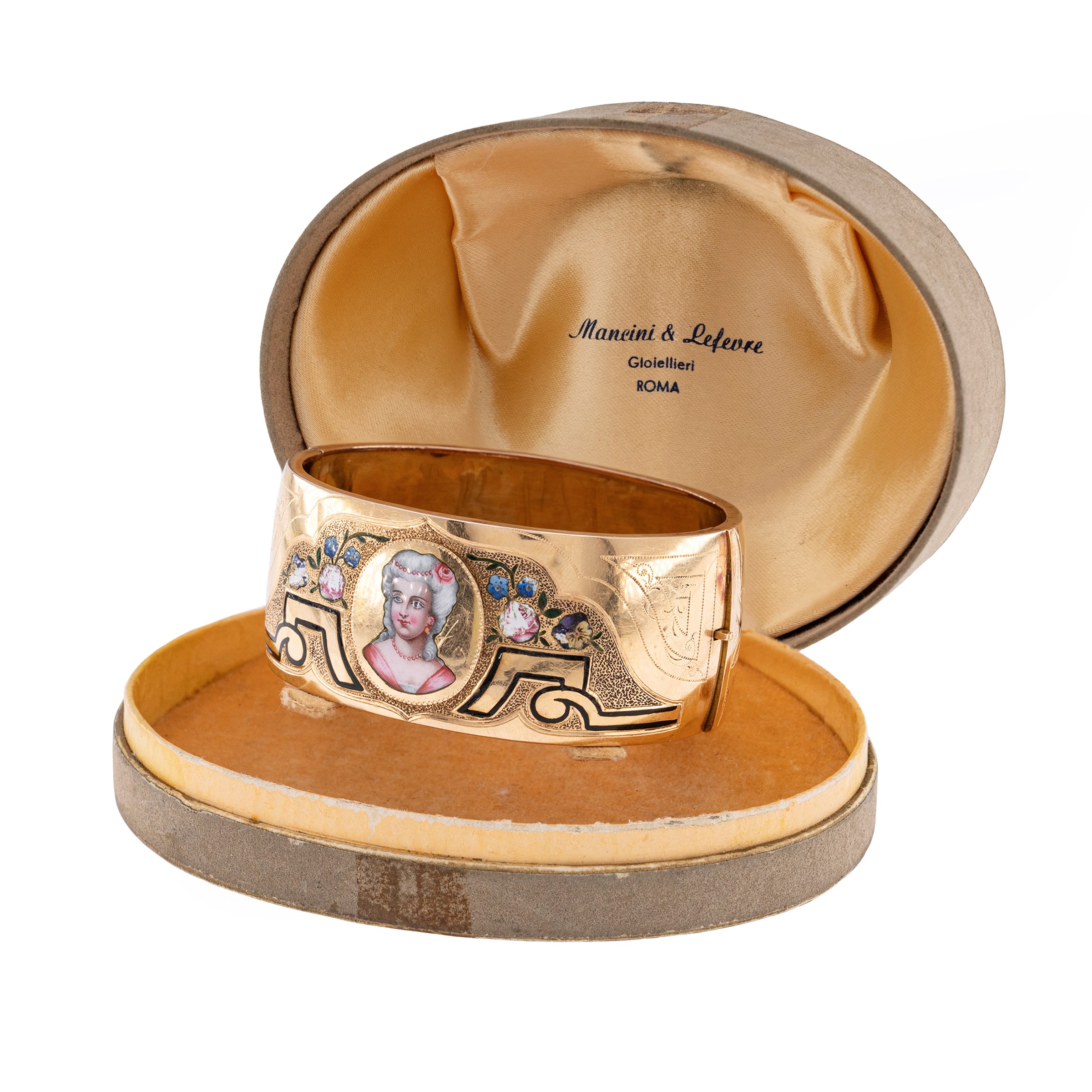 Antico Bracciale a Manetta in Oro Giallo 18kt e Miniatura in Smalto Policromo