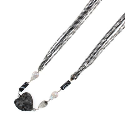 Lunga Collana Bijou in Ematite, Perle Fresh Water e Agata Muschiata