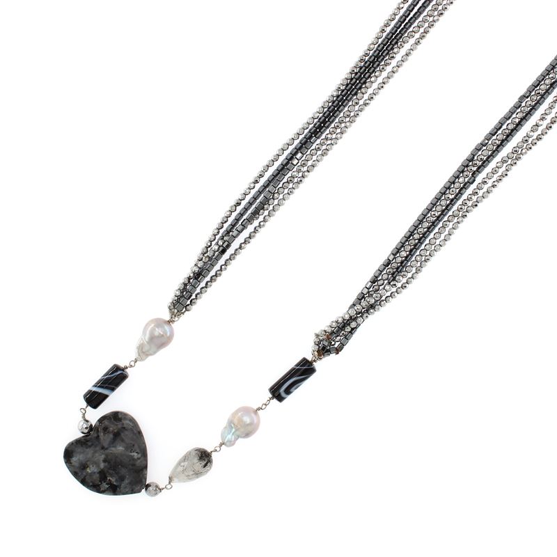 Lunga Collana Bijou in Ematite, Perle Fresh Water e Agata Muschiata