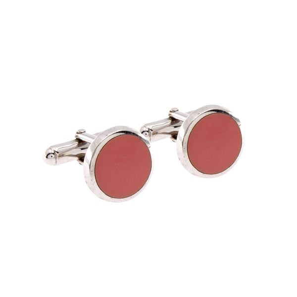 Silver metal and pink enamel bijou cufflinks