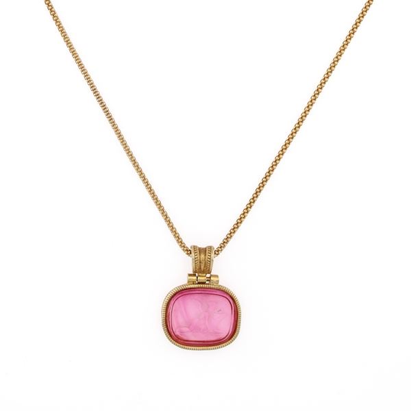 Golden silver with engraved glass paste pendant bijou necklace